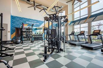 a gym with weights and cardio equipment in a building with large windows at Woodmore Grand Apartments in Bowie, MD 20721